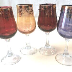 ANTIQUE Bohemian Cordial Glasses Set of 4 | Jeweled Gilt Ruby Amber Purple Gold